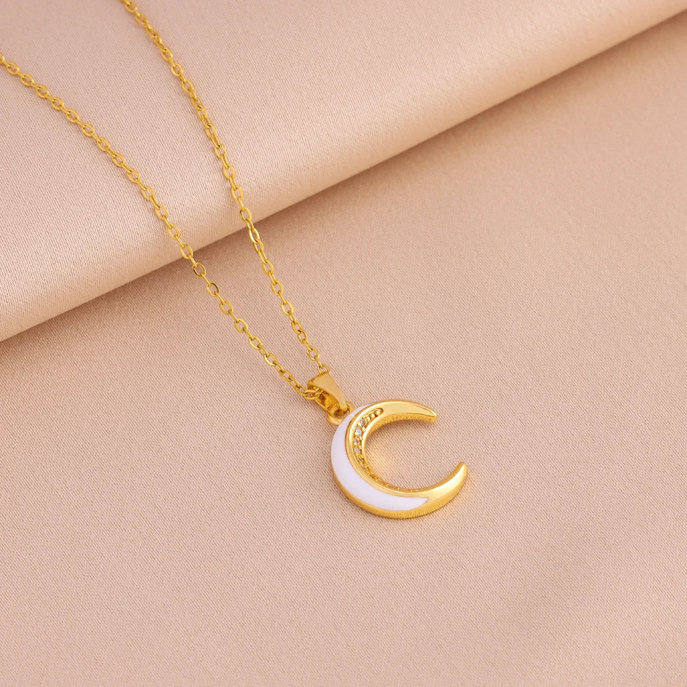 Cute Zircon Moon Pendant Necklace – Women’s Stainless Steel Jewelry