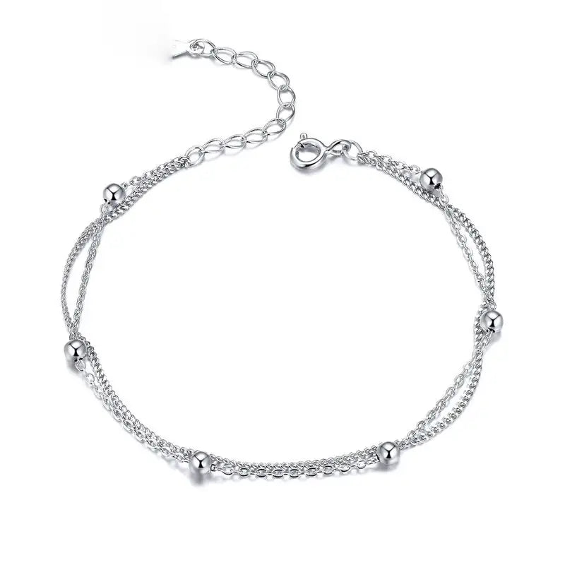 Double Layer Silver Bead Link Bracelet – 14K Gold Plated, Adjustable