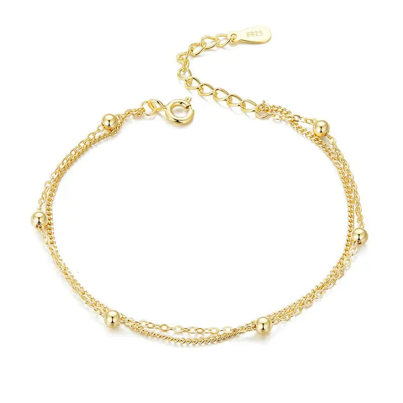 Double Layer Silver Bead Link Bracelet – 14K Gold Plated, Adjustable