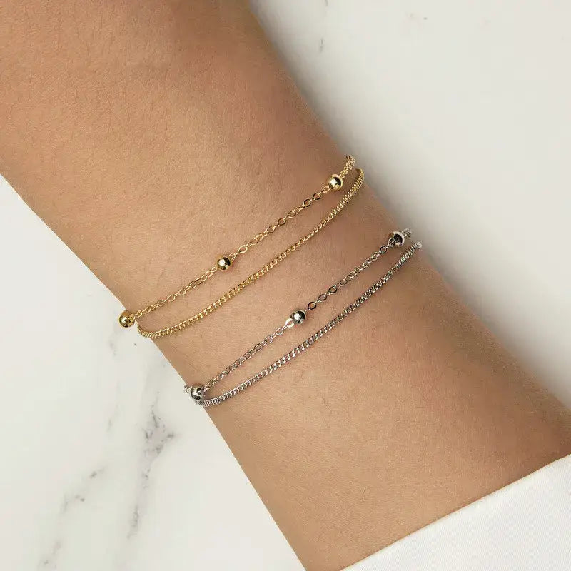 Double Layer Silver Bead Link Bracelet – 14K Gold Plated, Adjustable