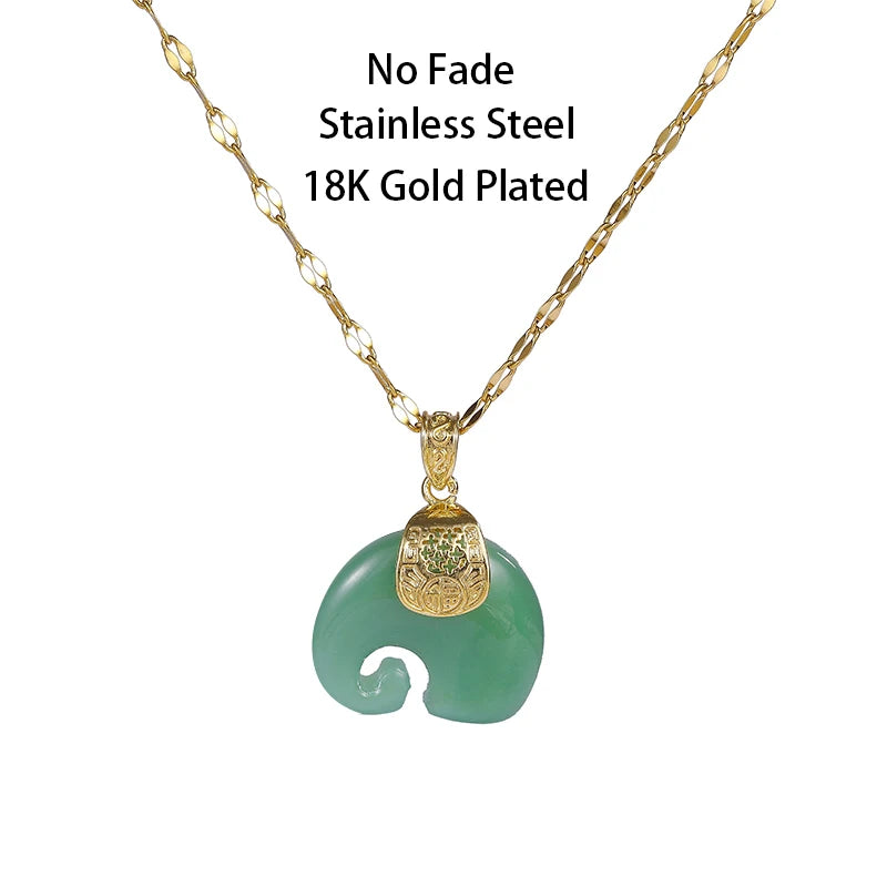 Elegant Green Elephant Pendant Necklace – Vintage Stainless Steel Jewelry