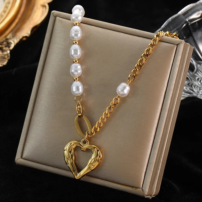 Elegant Stainless Steel Pearl Heart Pendant Chain Necklace for Women