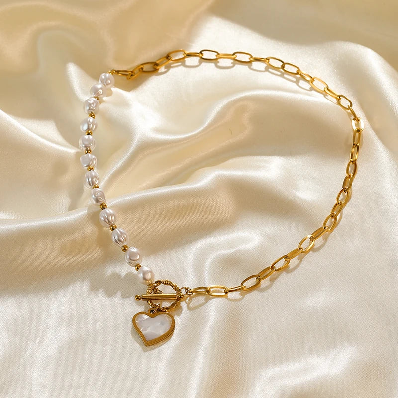 Elegant Stainless Steel Pearl Heart Pendant Chain Necklace for Women