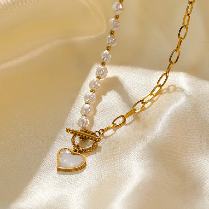 Elegant Stainless Steel Pearl Heart Pendant Chain Necklace for Women