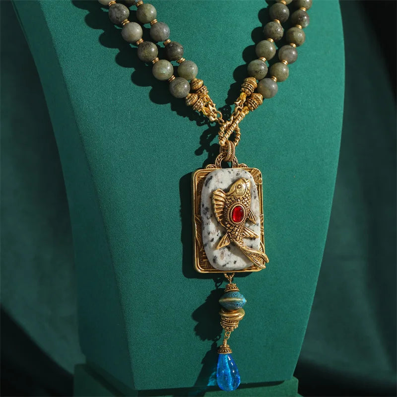 Emerald Green Fish Pendant Necklace with Blue Glass Bead Chain