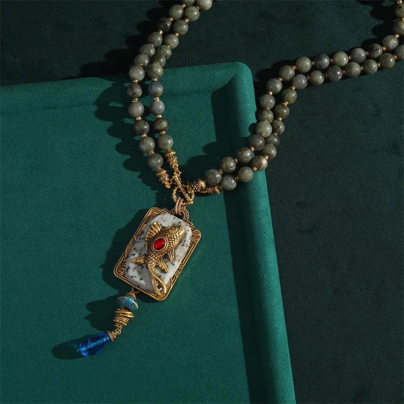 Emerald Green Fish Pendant Necklace with Blue Glass Bead Chain