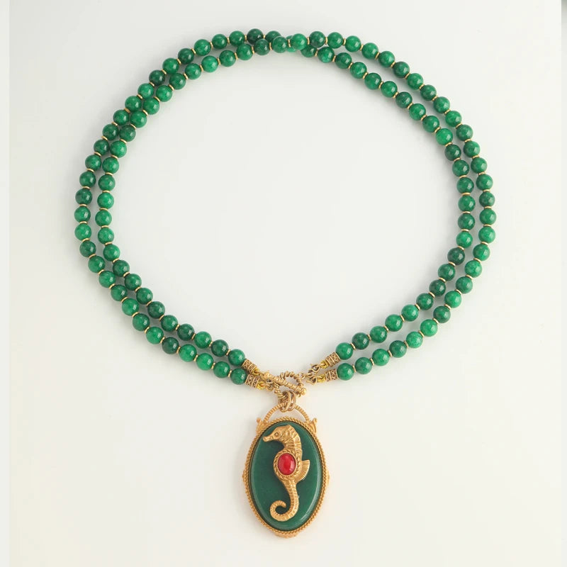 Emerald Seahorse Pendant Blue Beaded Necklace – Vintage Korean Jewelry