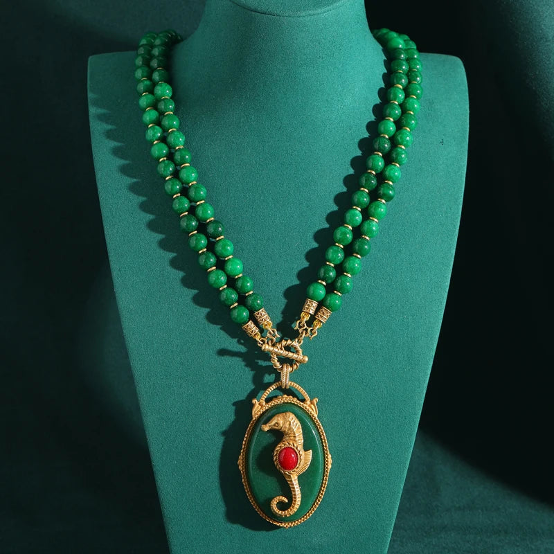 Emerald Seahorse Pendant Blue Beaded Necklace – Vintage Korean Jewelry