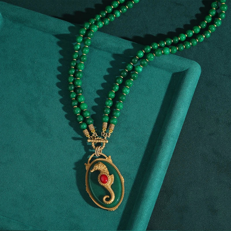 Emerald Seahorse Pendant Blue Beaded Necklace – Vintage Korean Jewelry