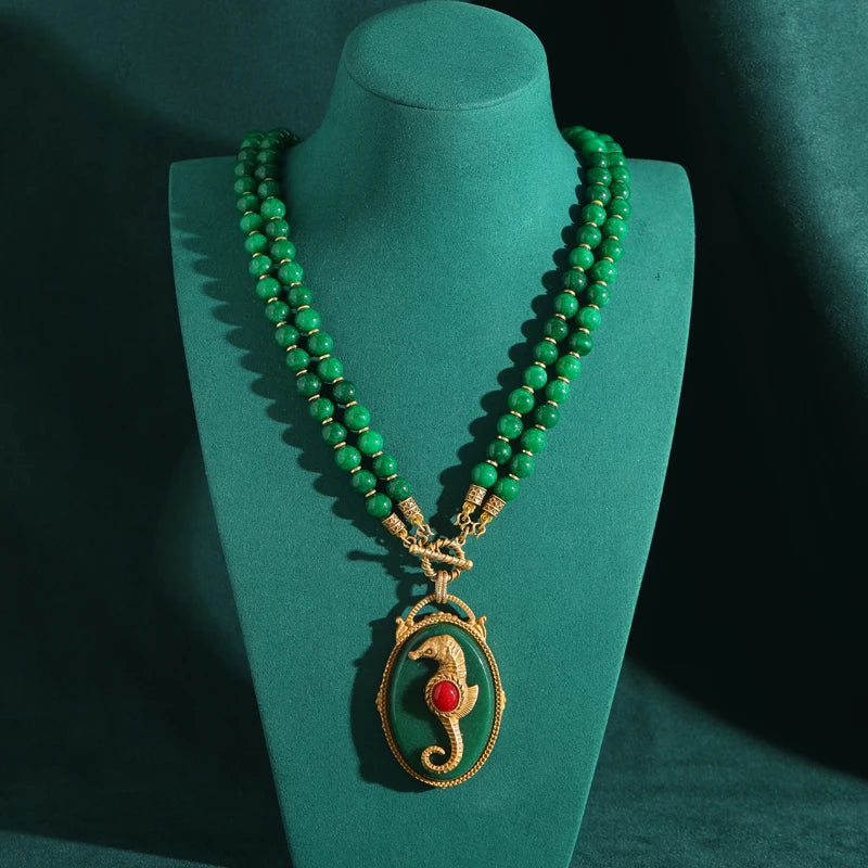 Emerald Seahorse Pendant Blue Beaded Necklace – Vintage Korean Jewelry
