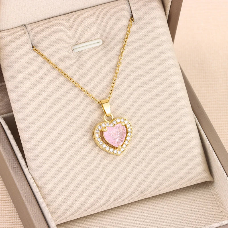 Flower Crystal Heart Necklace – Women’s Stainless Steel Jewelry