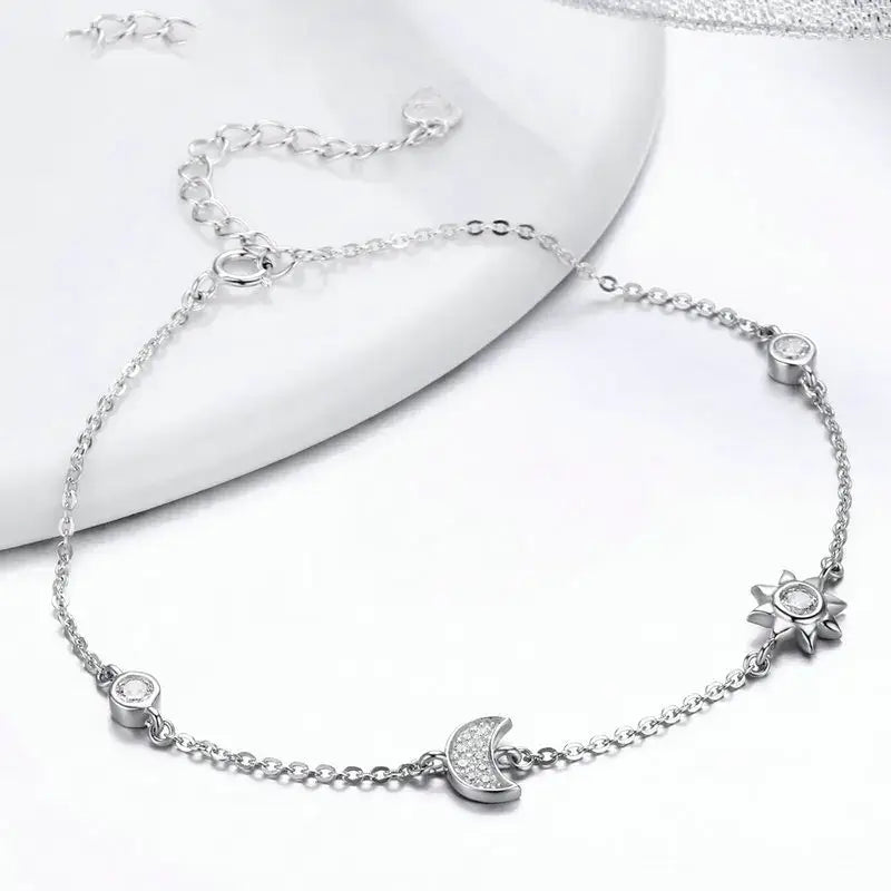 Genuine 925 Sterling Silver Star & Moon CZ Bracelet for Women