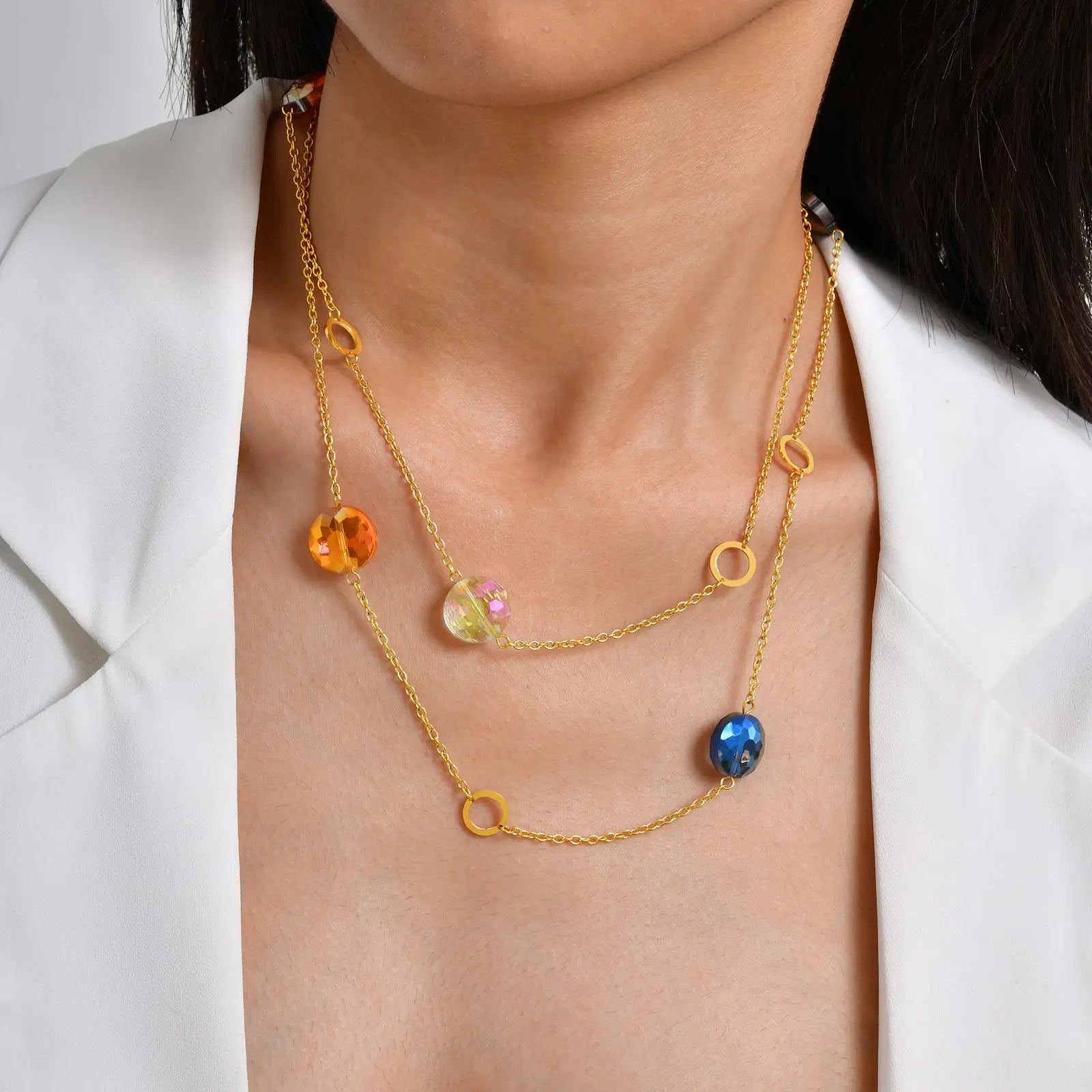 Geometric Beaded Long Layered Stainless Steel Necklace for Women