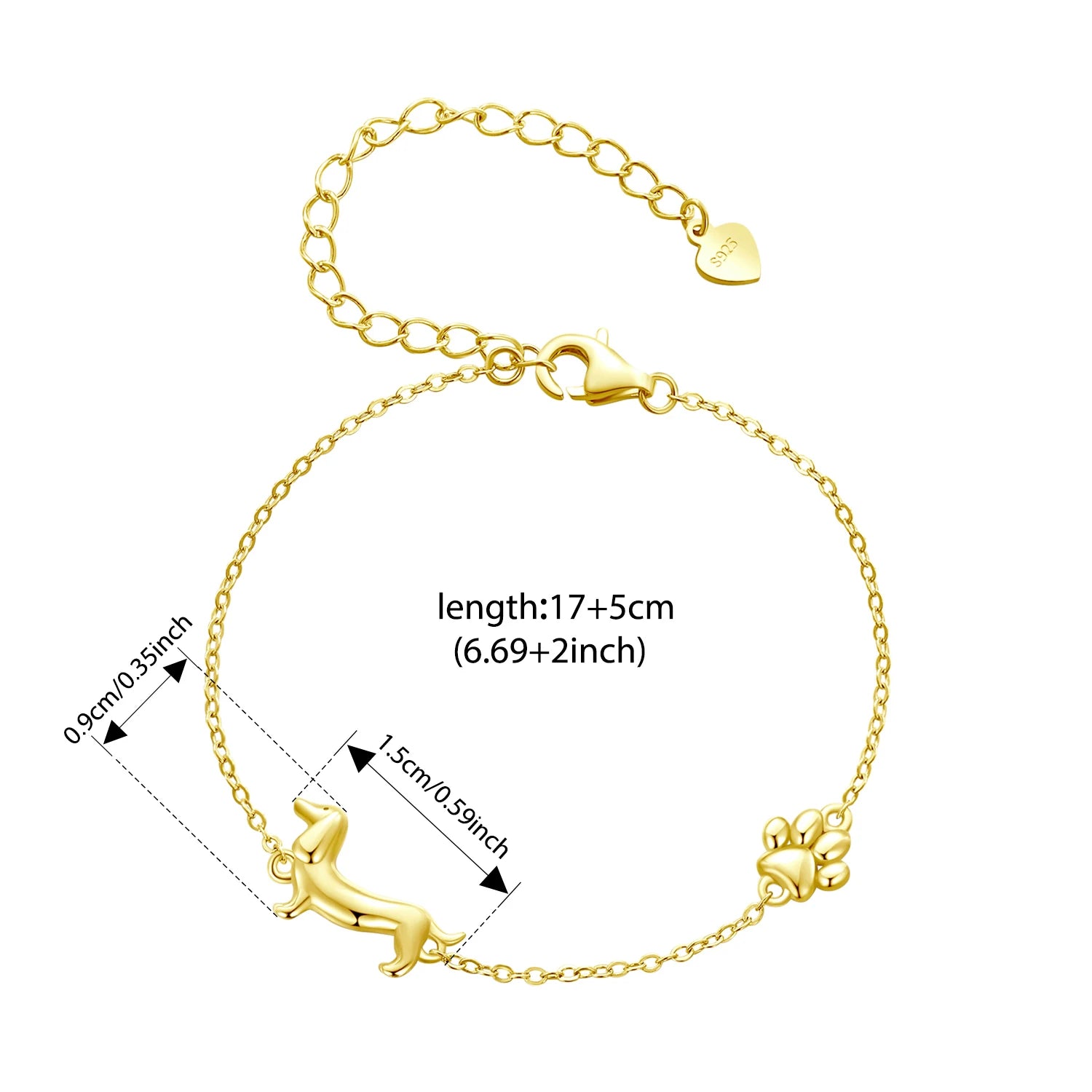 Gold-Plated Sterling Silver Dachshund Paw Charm Bracelet