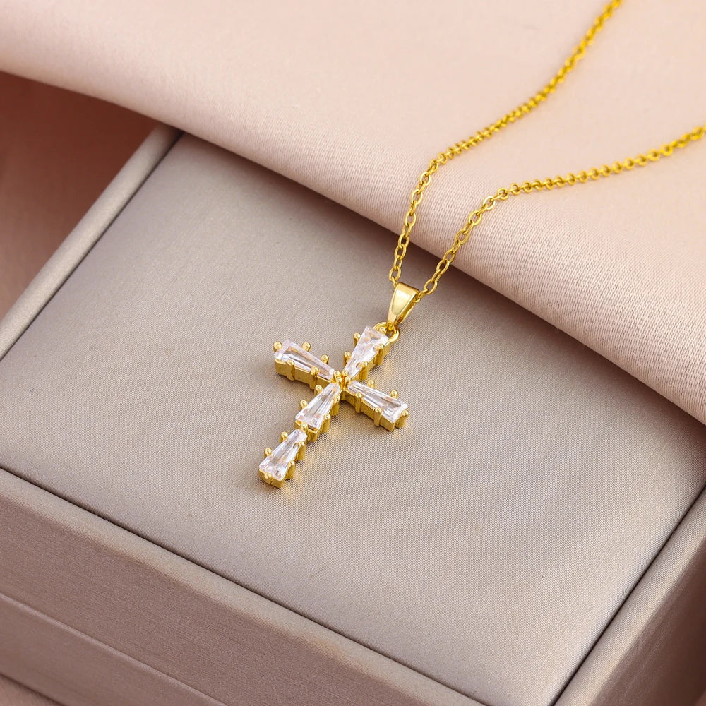 Gold-Plated Zircon Cross Pendant Necklace for Women