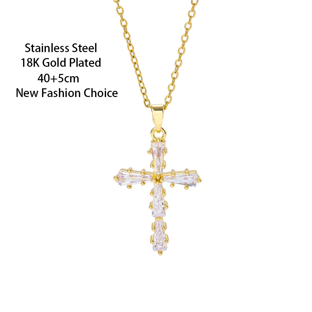 Gold-Plated Zircon Cross Pendant Necklace for Women