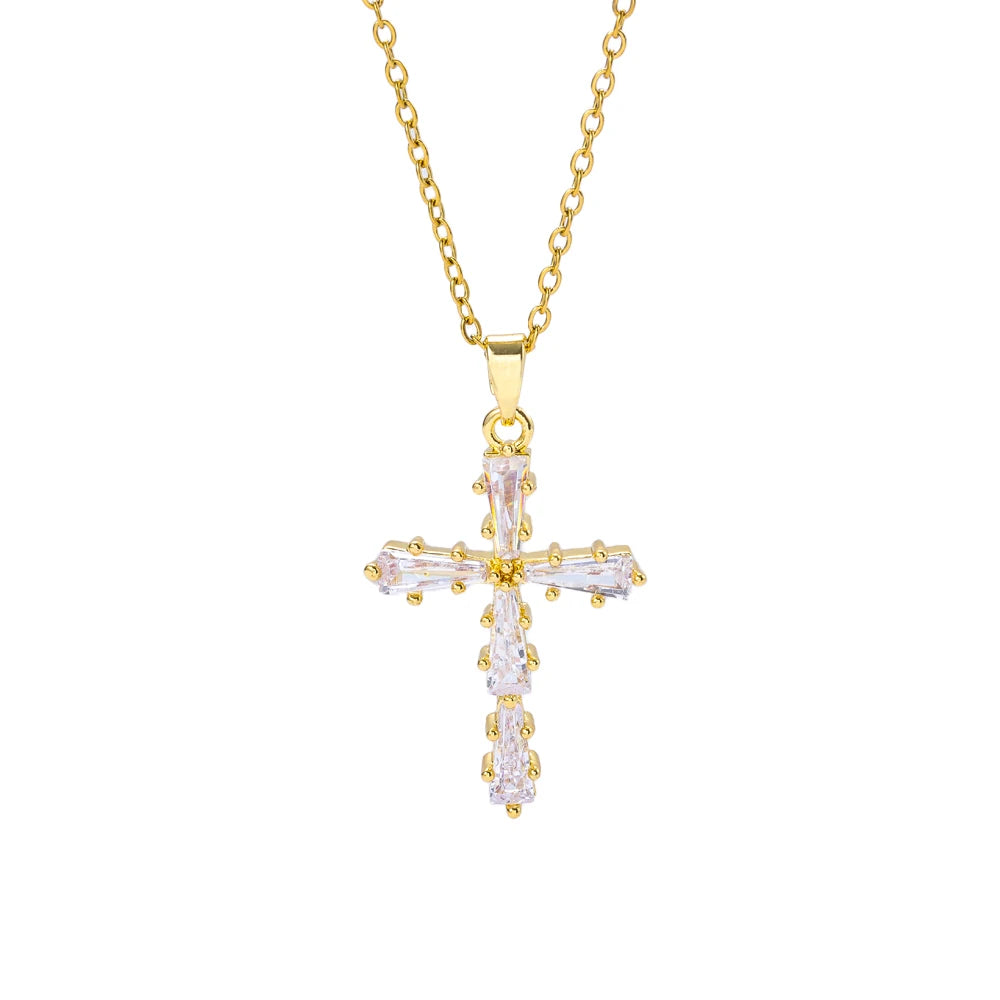 Gold-Plated Zircon Cross Pendant Necklace for Women