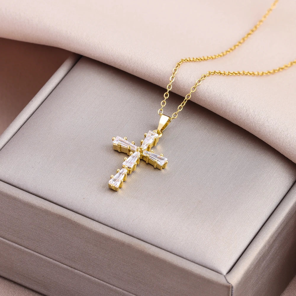 Gold-Plated Zircon Cross Pendant Necklace for Women