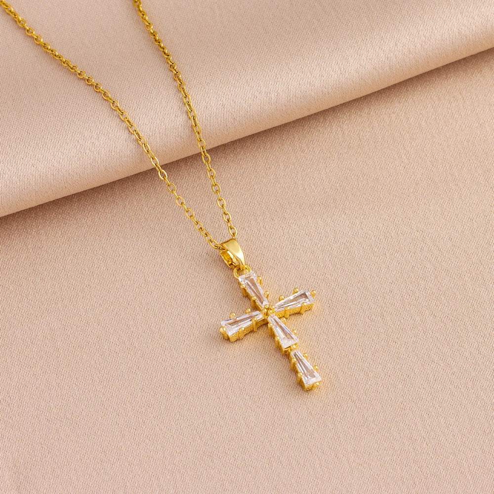 Gold-Plated Zircon Cross Pendant Necklace for Women