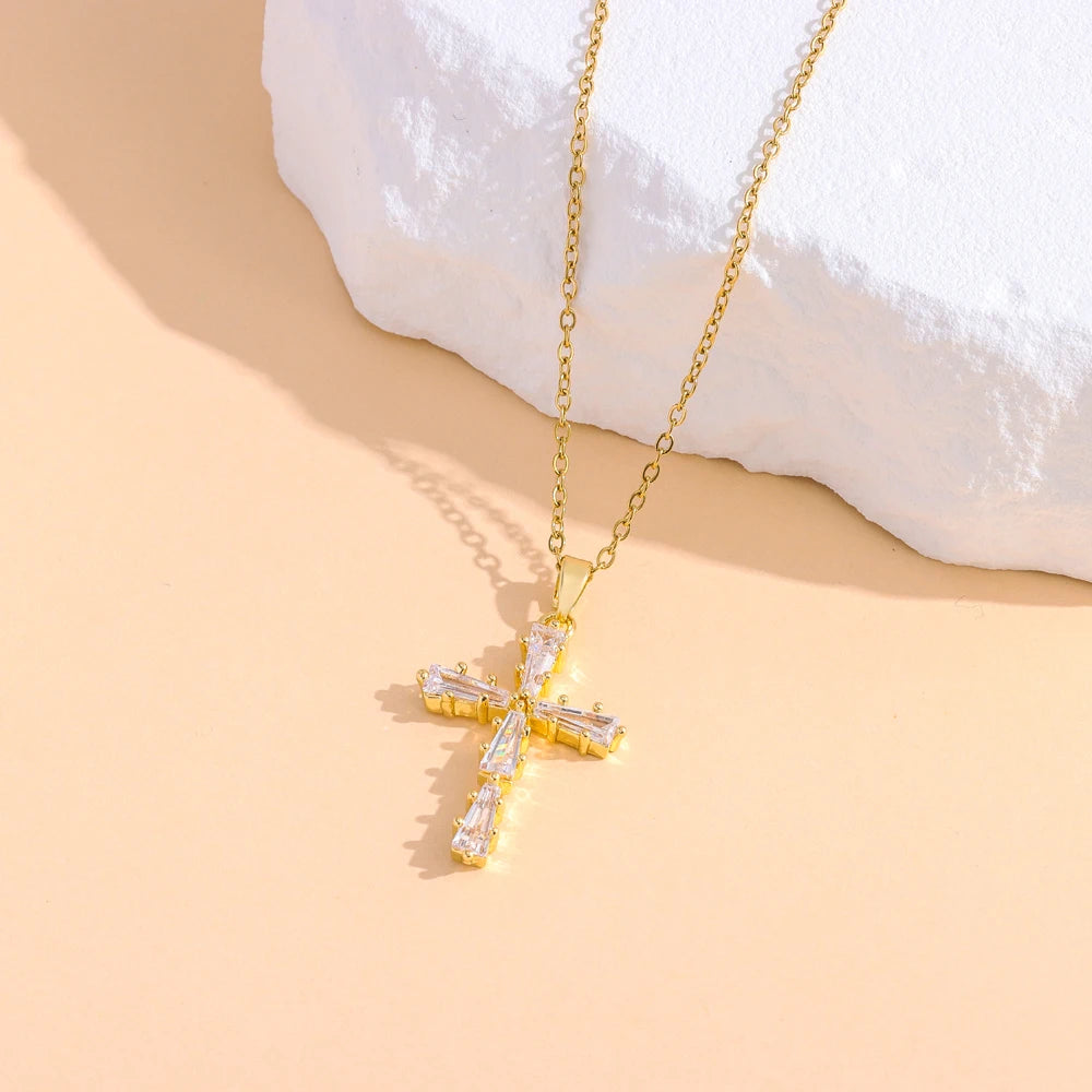 Gold-Plated Zircon Cross Pendant Necklace for Women