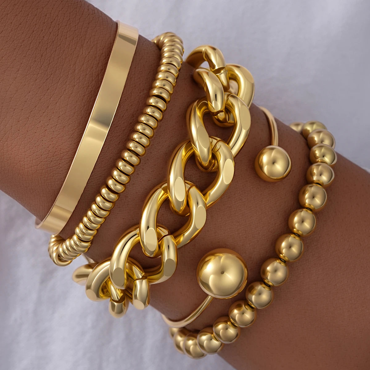 Gold Geometric Chunky Beaded Bracelet Set for Women