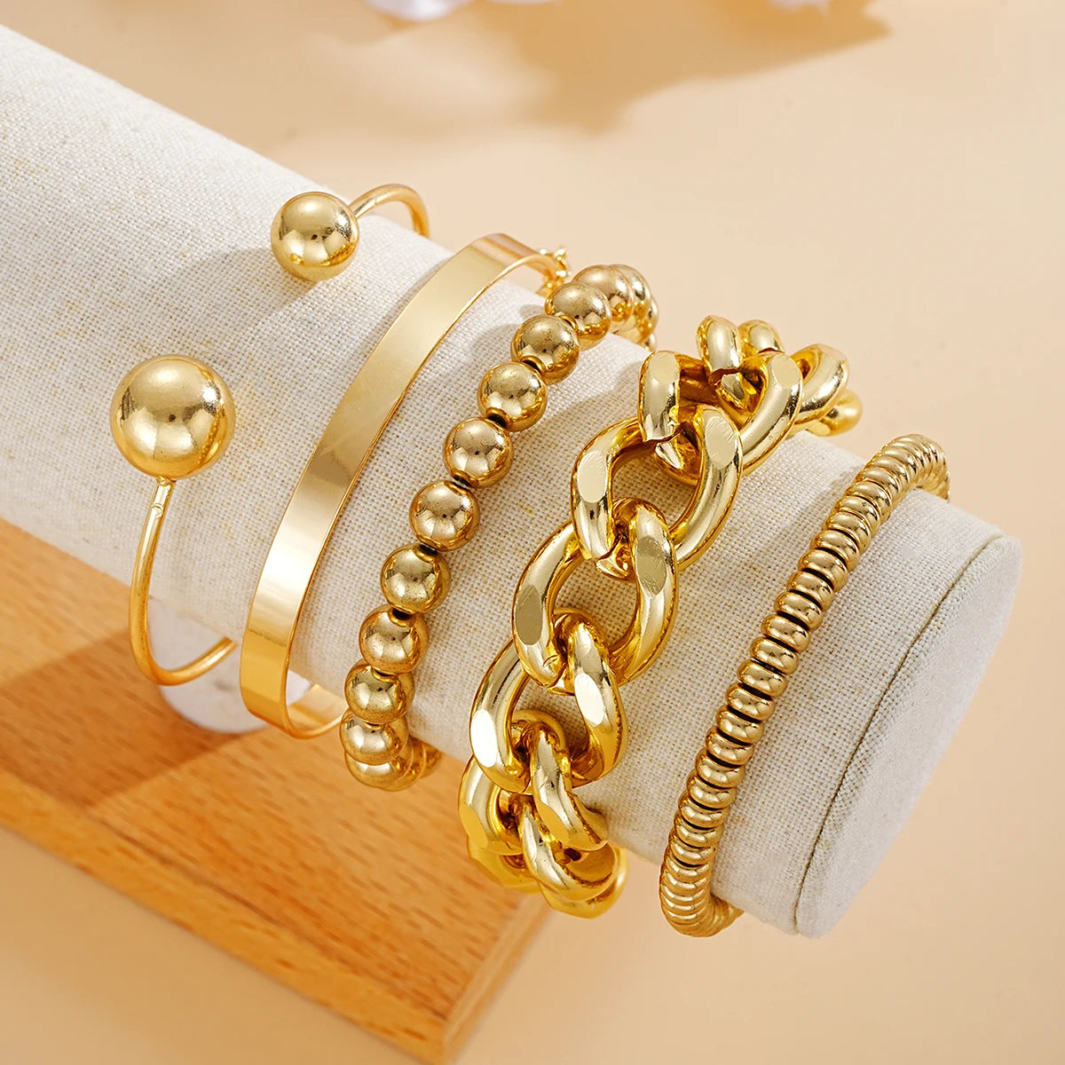 Gold Geometric Chunky Beaded Bracelet Set for Women