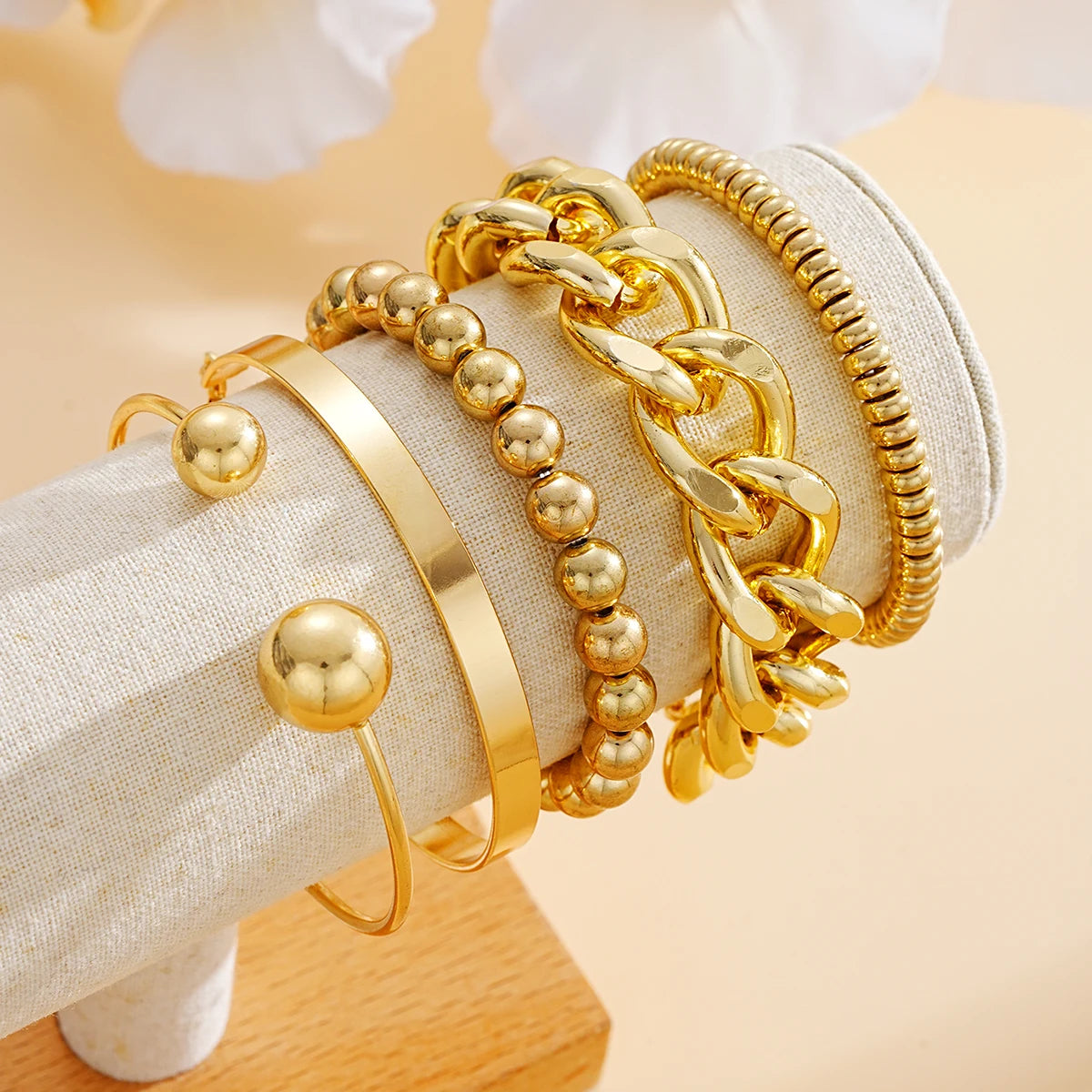 Gold Geometric Chunky Beaded Bracelet Set for Women
