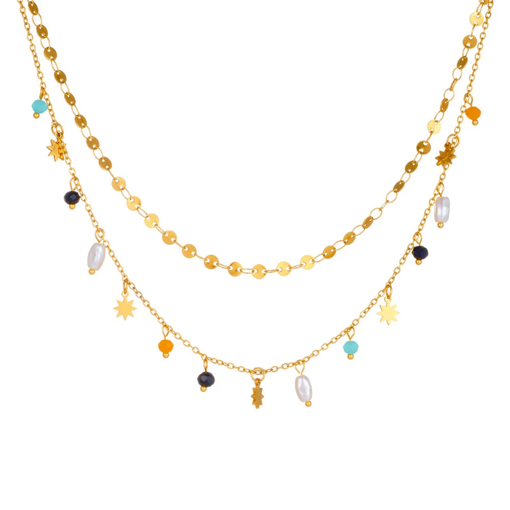 Gold Pearl Pentacle Star Pendant Necklace Jewelry Set