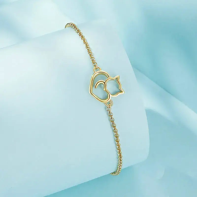 Gold Plated Sterling Silver Cat Charm Bracelet for Women