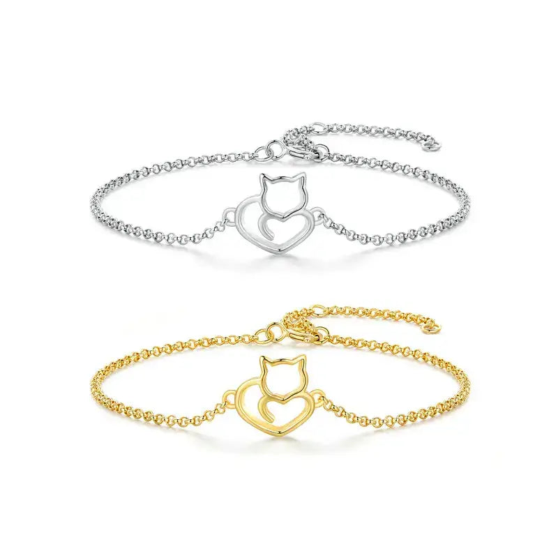 Gold Plated Sterling Silver Cat Charm Bracelet for Women