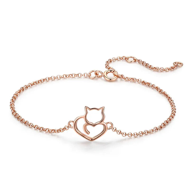 Gold Plated Sterling Silver Cat Charm Bracelet for Women