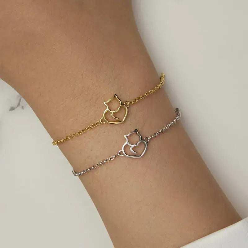 Gold Plated Sterling Silver Cat Charm Bracelet for Women