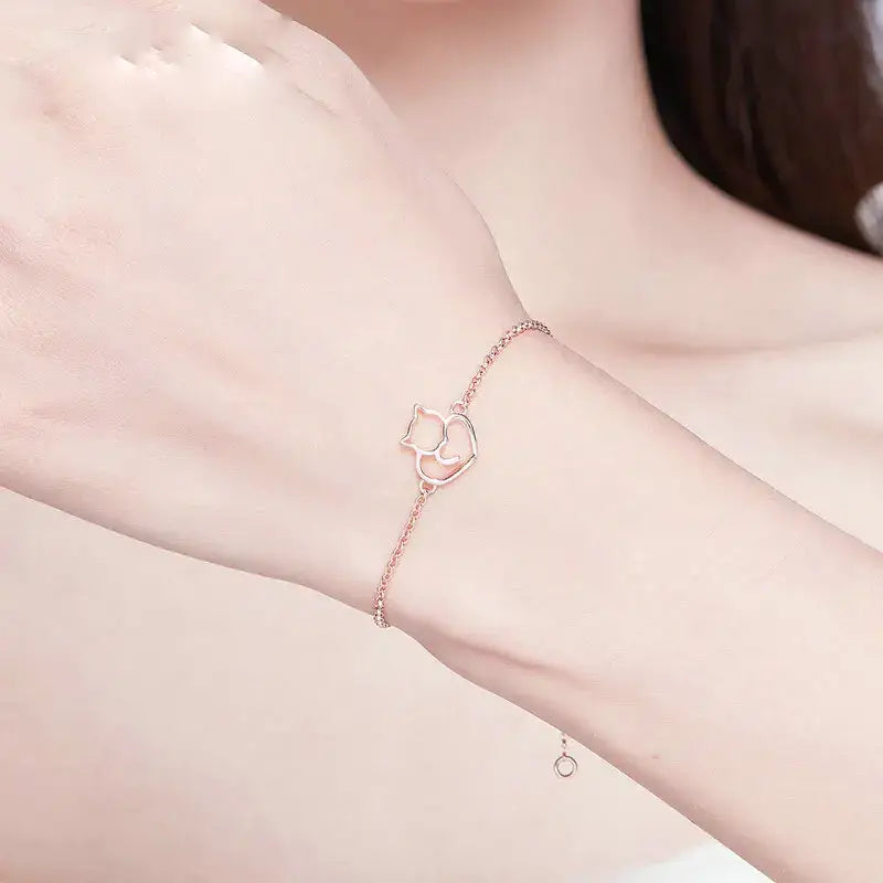 Gold Plated Sterling Silver Cat Charm Bracelet for Women