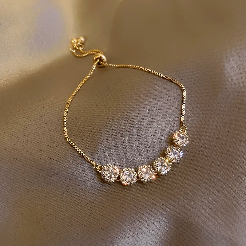 Gold Rhinestone Star & Flower Charm Bracelet – Adjustable Bangle