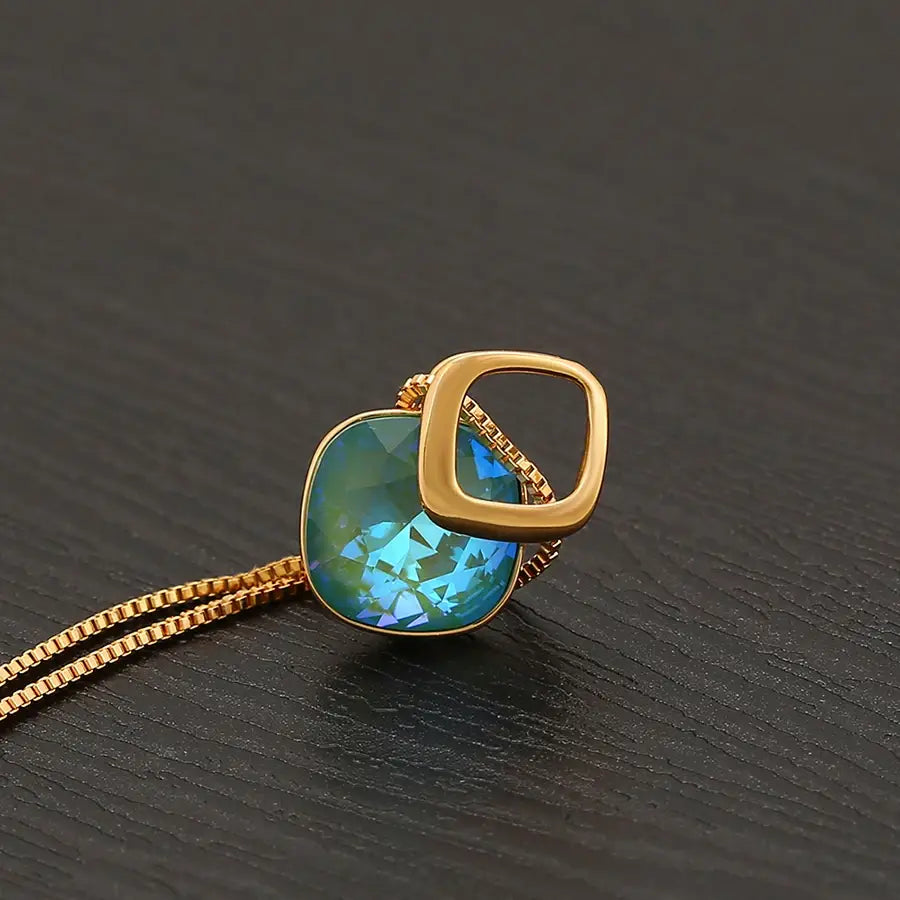 Gold Square Crystal Pendant Necklace for Women & Girls