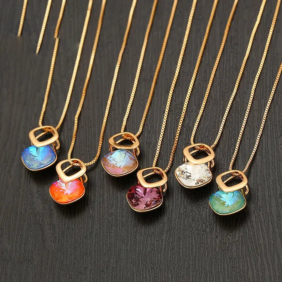 Gold Square Crystal Pendant Necklace for Women & Girls