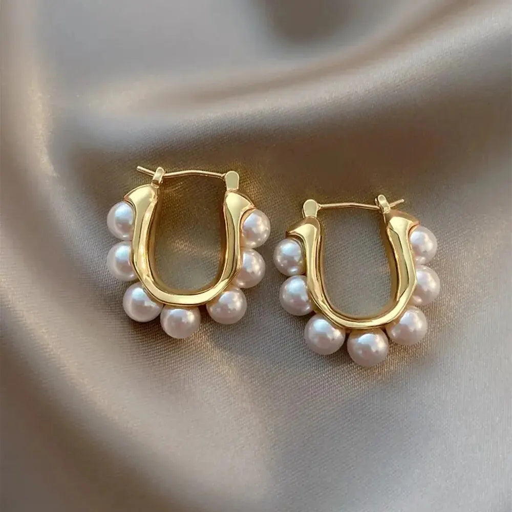Gold U-Shaped Hoop Earrings with Imitation Pearls for Women