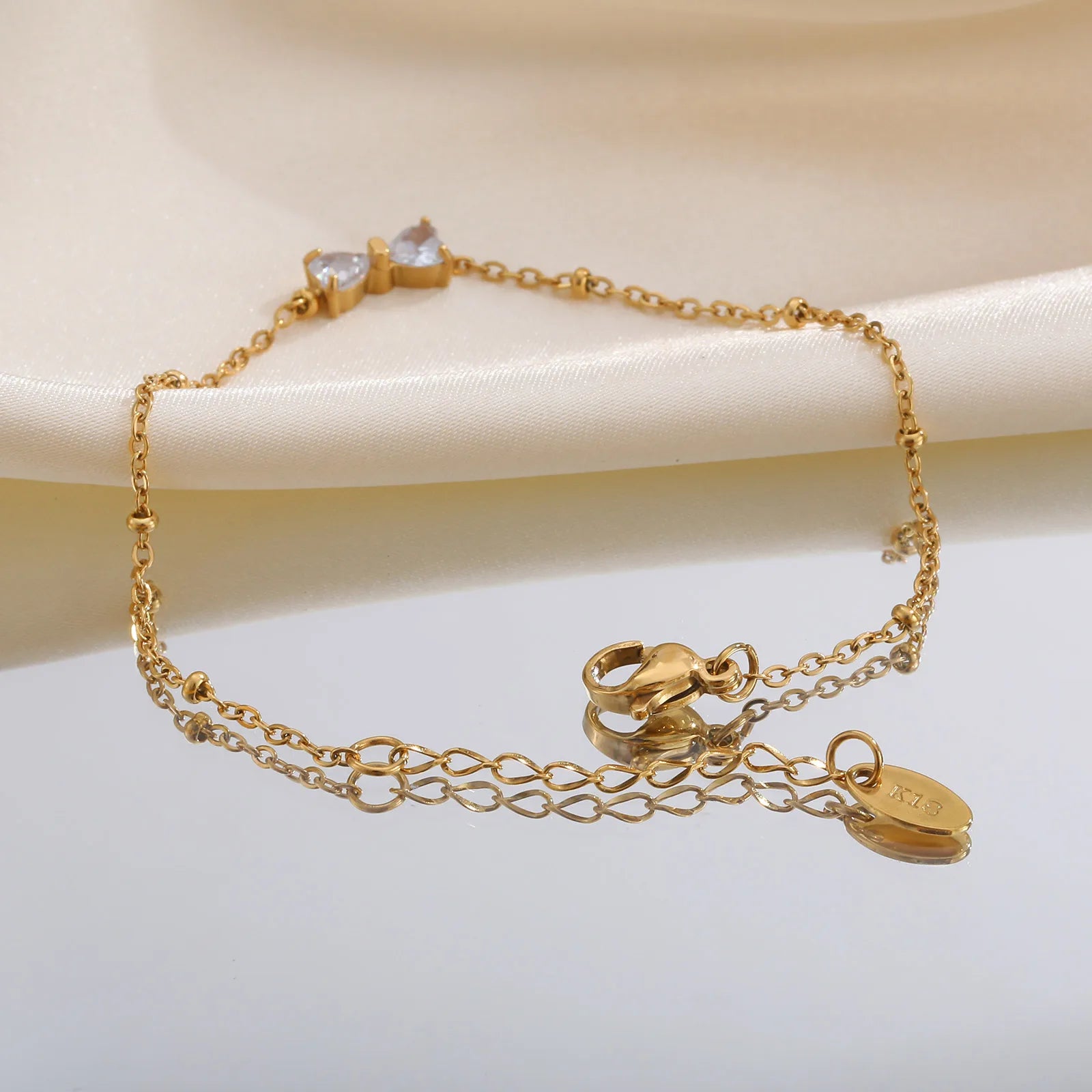 Gold Zircon Bow Bracelet – Trendy Waterproof Bead Chain for Women
