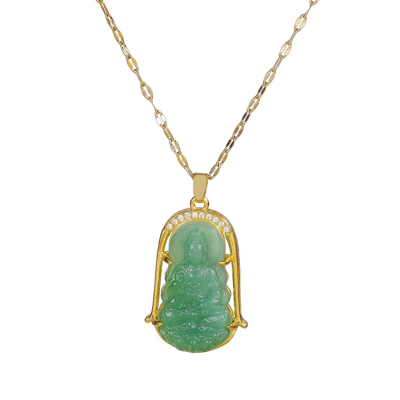 Green Guanyin Pendant Necklace – Vintage Stainless Steel Jewelry