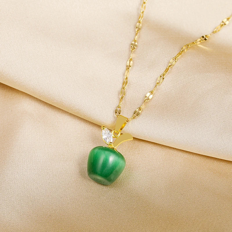Green White Apple Pendant Necklace – Women’s Stainless Steel