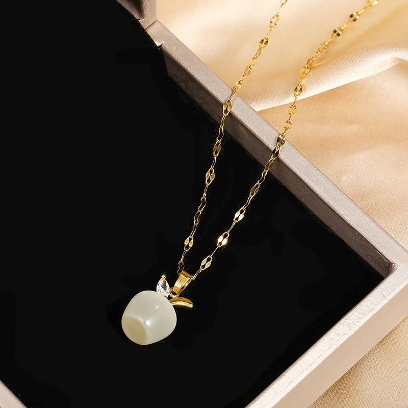 Green White Apple Pendant Necklace – Women’s Stainless Steel