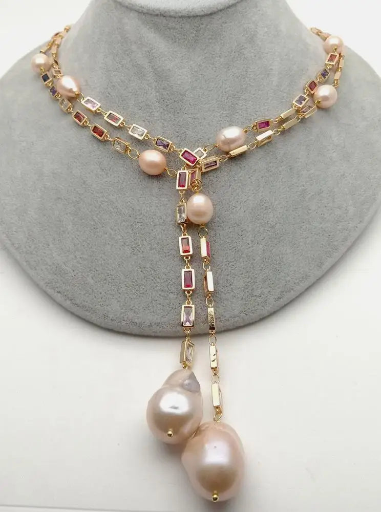 Pink Keshi Pearl CZ Pave Long Chain Necklace for Women