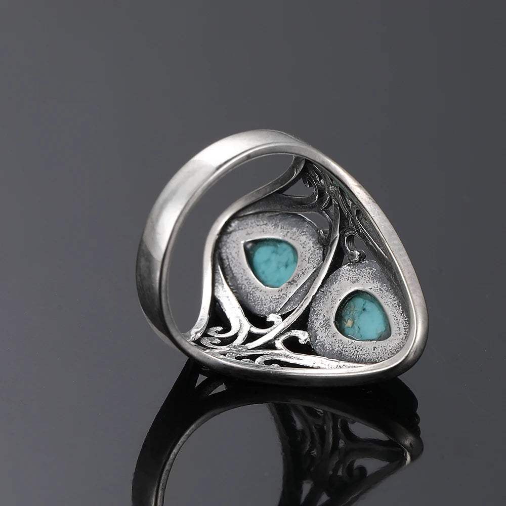 Vintage Natural Turquoise Bohemian Sterling Silver Ring for Women and Men