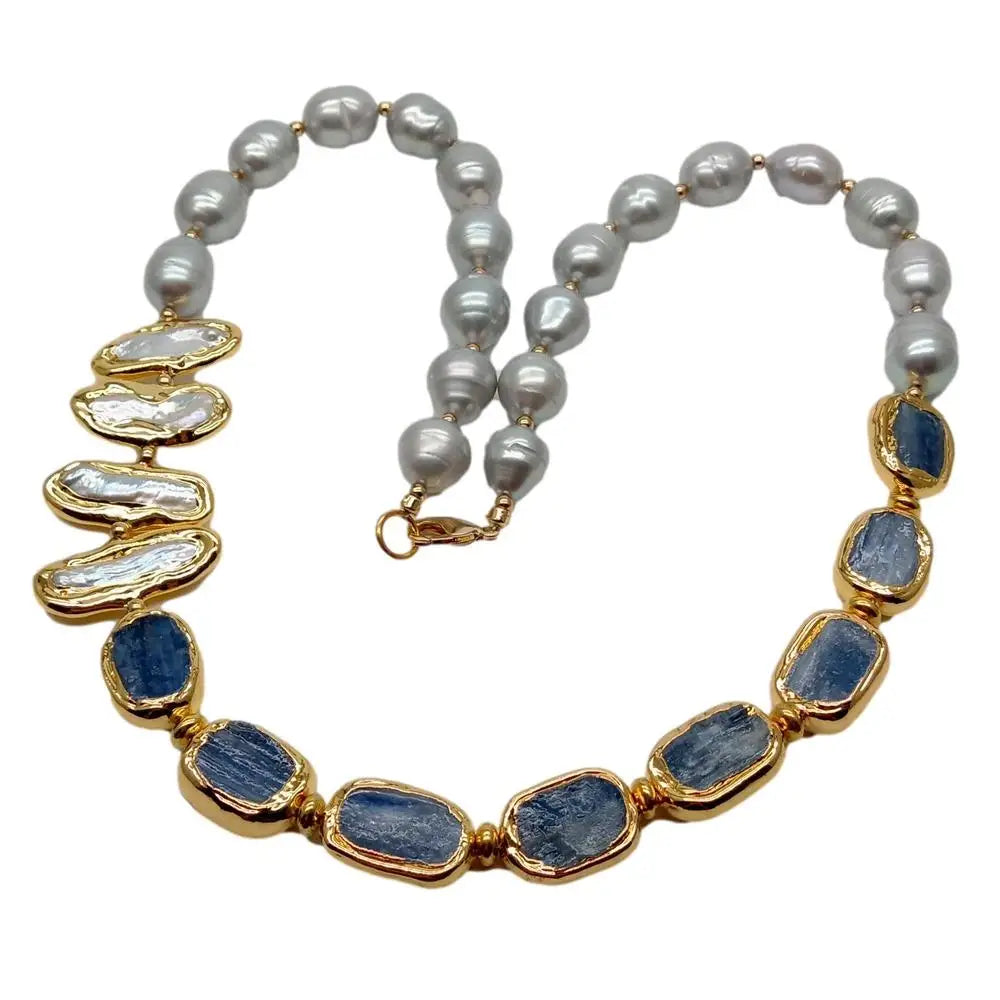 Gray Rice Pearl & Biwa Pearl Necklace with Blue Kyanite