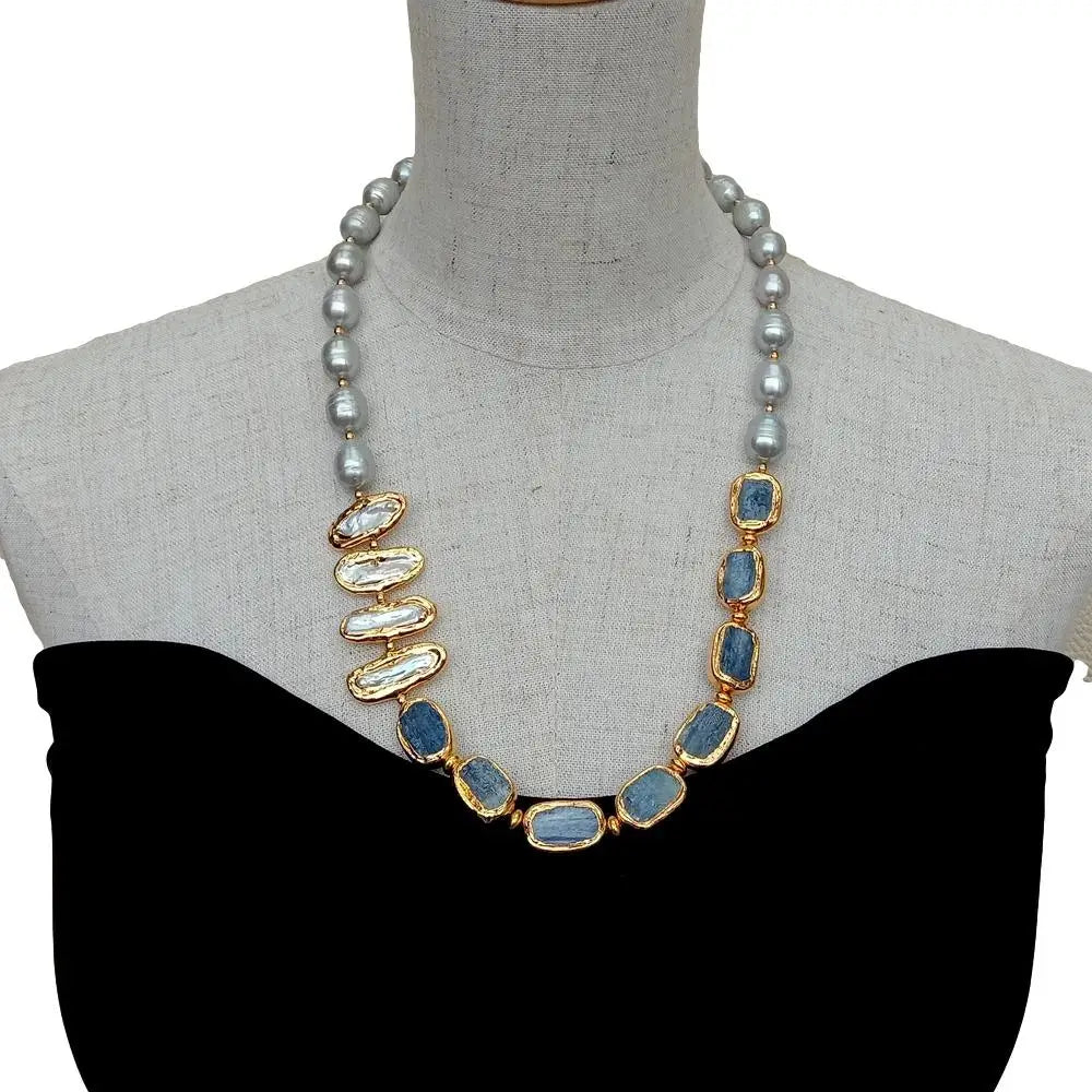 Gray Rice Pearl & Biwa Pearl Necklace with Blue Kyanite