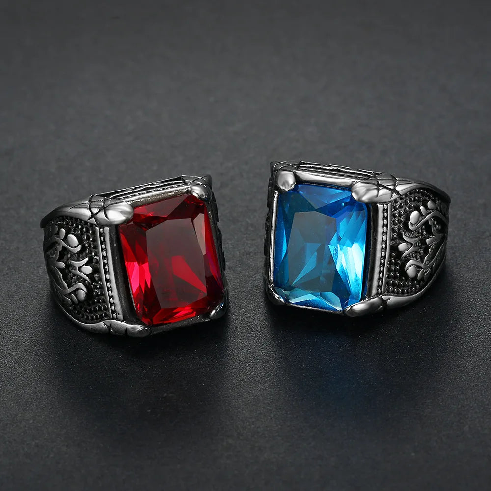 Men’s Silver Signet Ring with Red & Blue Semi-Precious Stone