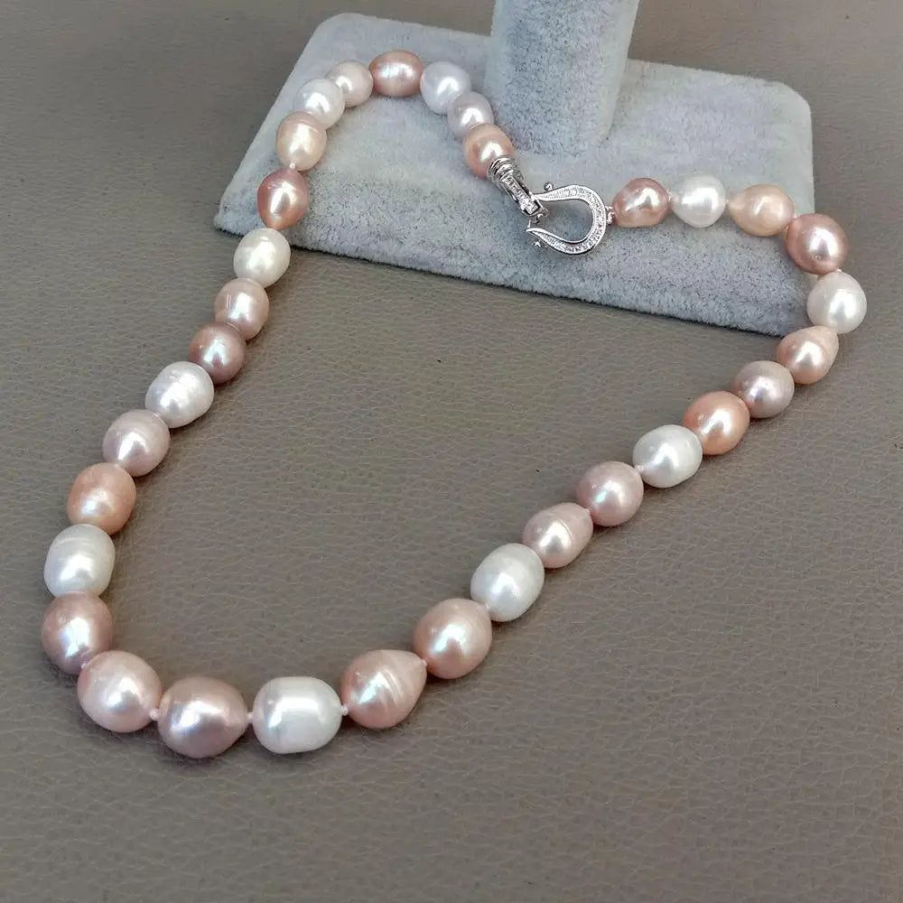 Women’s Multi-Color Rice Pearl Choker Necklace with CZ Pave Closure