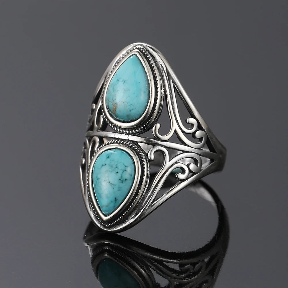 Vintage Natural Turquoise Bohemian Sterling Silver Ring for Women and Men