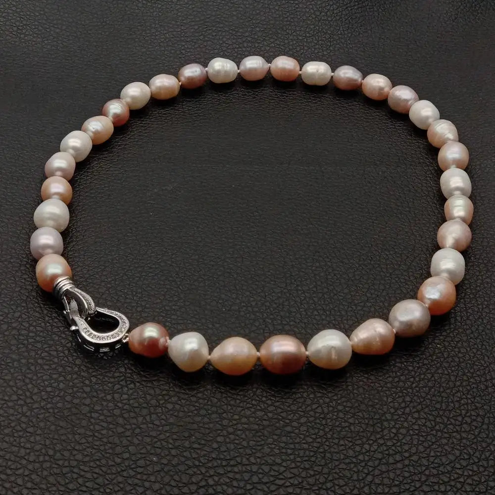 Women’s Multi-Color Rice Pearl Choker Necklace with CZ Pave Closure