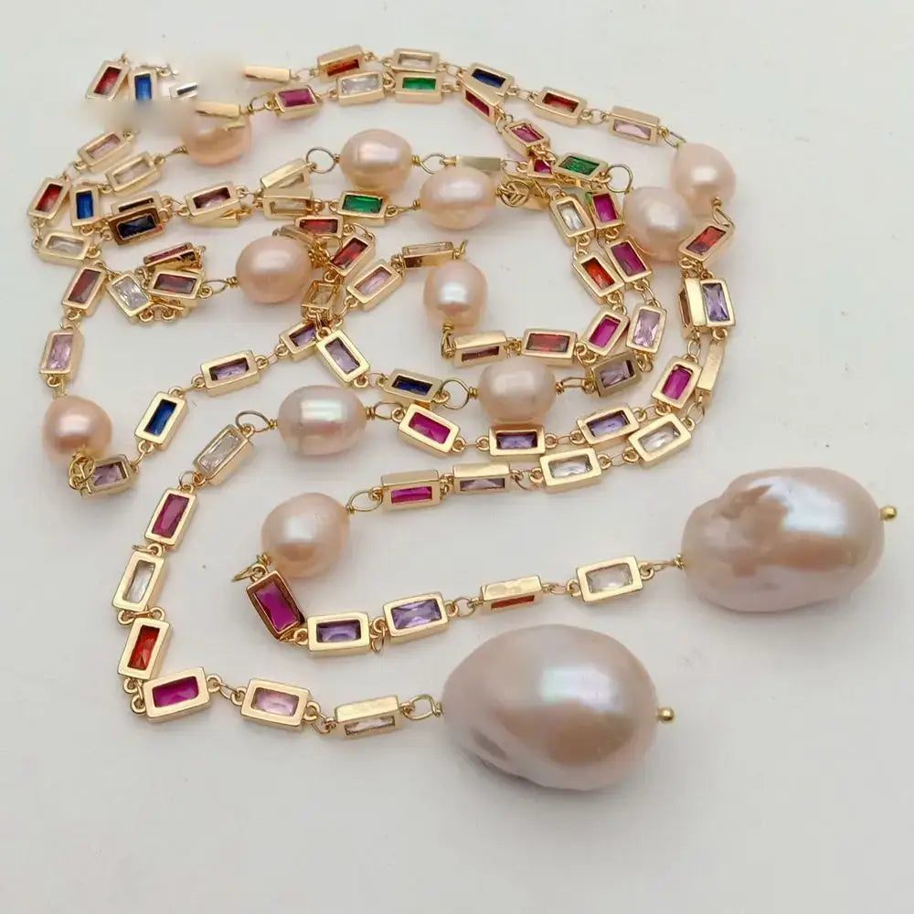 Pink Keshi Pearl CZ Pave Long Chain Necklace for Women